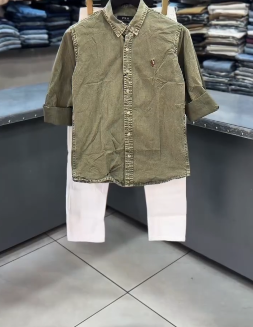 Rugged Smart-Casual: Brown Button-Down Denim Shirt with Grey Jeans