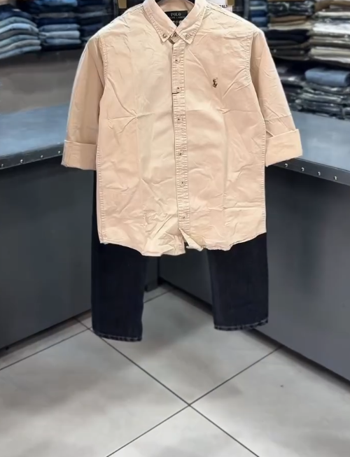 Rugged Smart-Casual: Brown Button-Down Denim Shirt with Grey Jeans