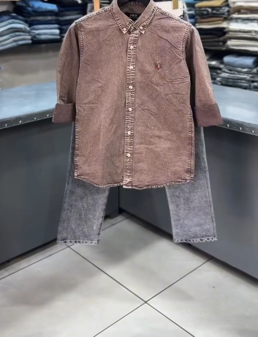 Rugged Smart-Casual: Brown Button-Down Denim Shirt with Grey Jeans