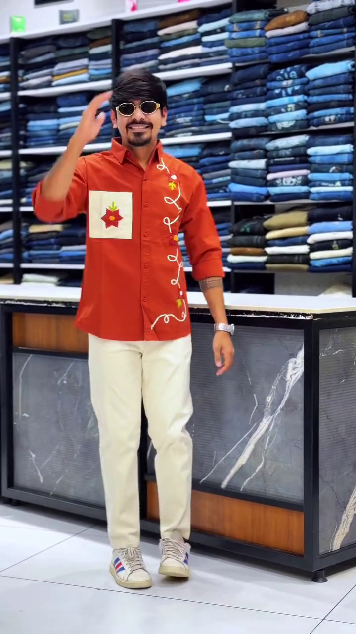 Refined Elegance: White Embroidered Designer Shirt with Brown Trousers