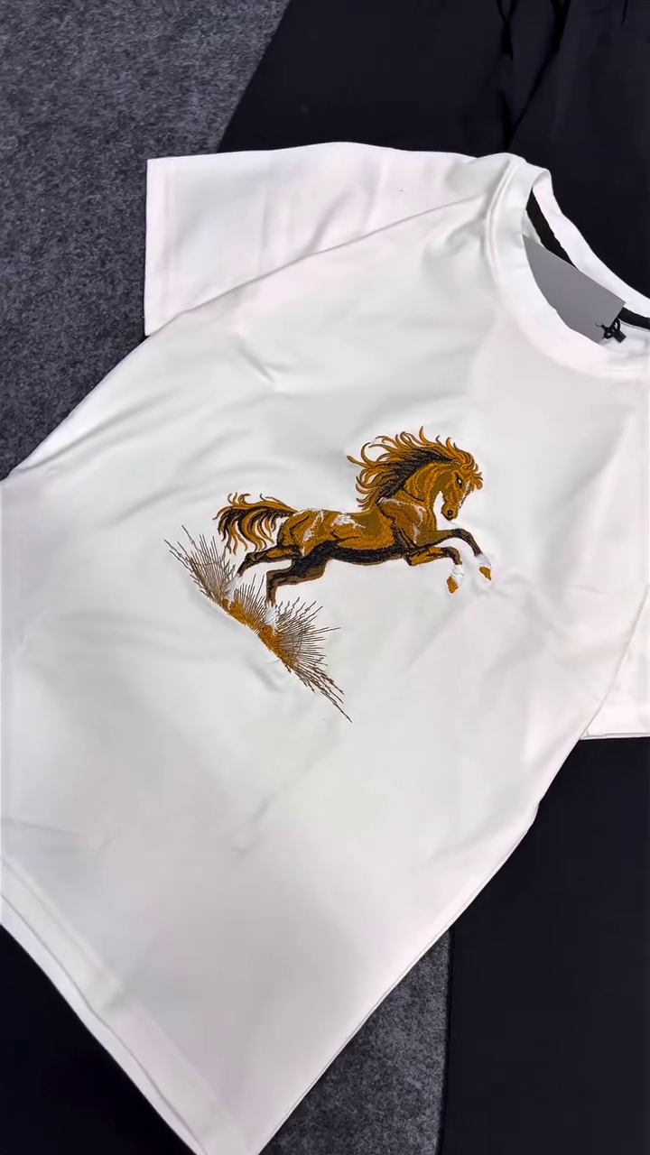 Relaxed Street Comfort: White Horse Graphic T-Shirt with Black Jogger Loungewear Set