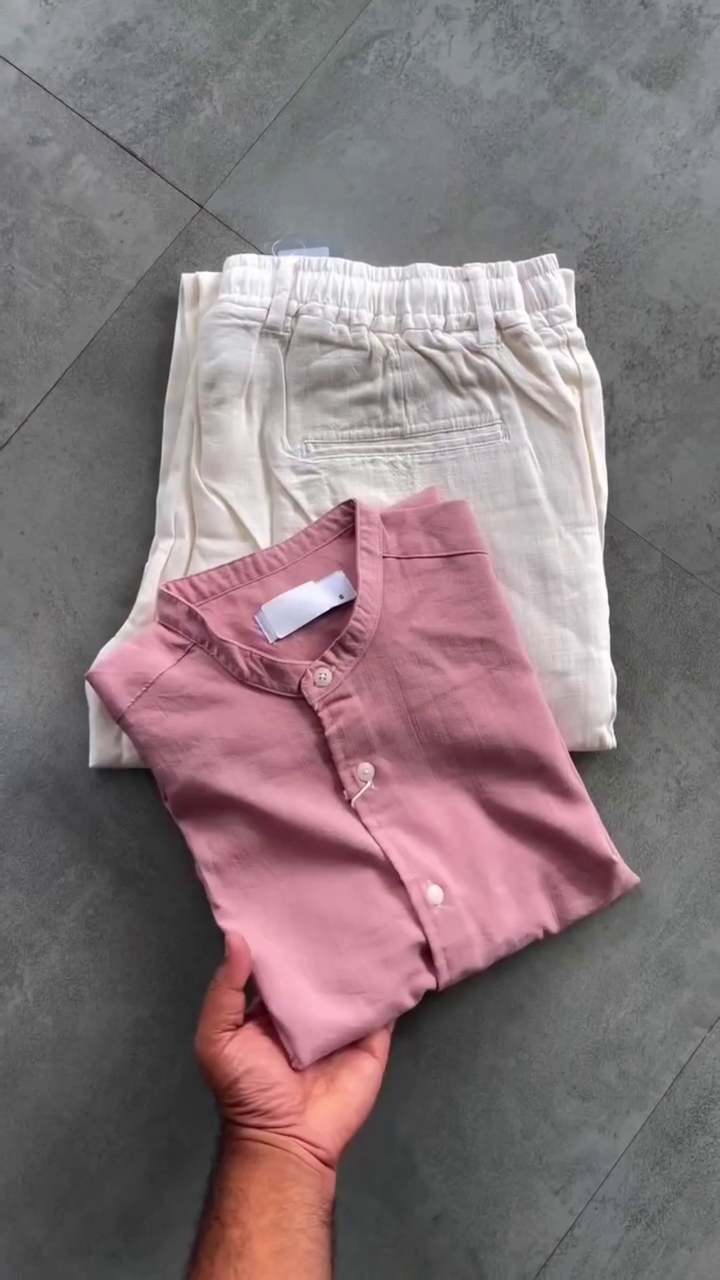 Effortless Coastal Style: Men’s Olive Green Henley & Beige Cotton Linen 2-Piece Set