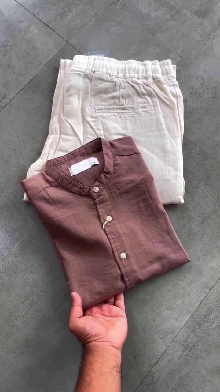 Effortless Coastal Style: Men’s Olive Green Henley & Beige Cotton Linen 2-Piece Set