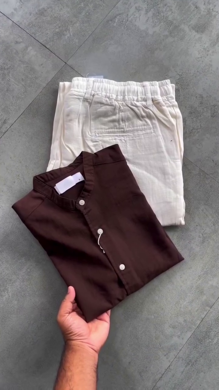 Effortless Coastal Style: Men’s Olive Green Henley & Beige Cotton Linen 2-Piece Set