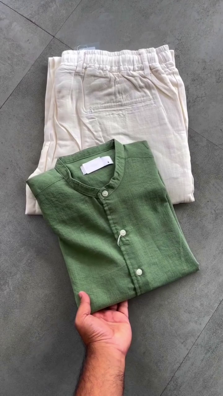 Effortless Coastal Style: Men’s Olive Green Henley & Beige Cotton Linen 2-Piece Set