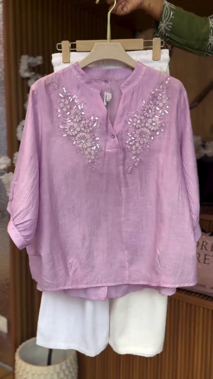 Soft Summer Elegance: Lavender Embroidered Top with White Shorts Set