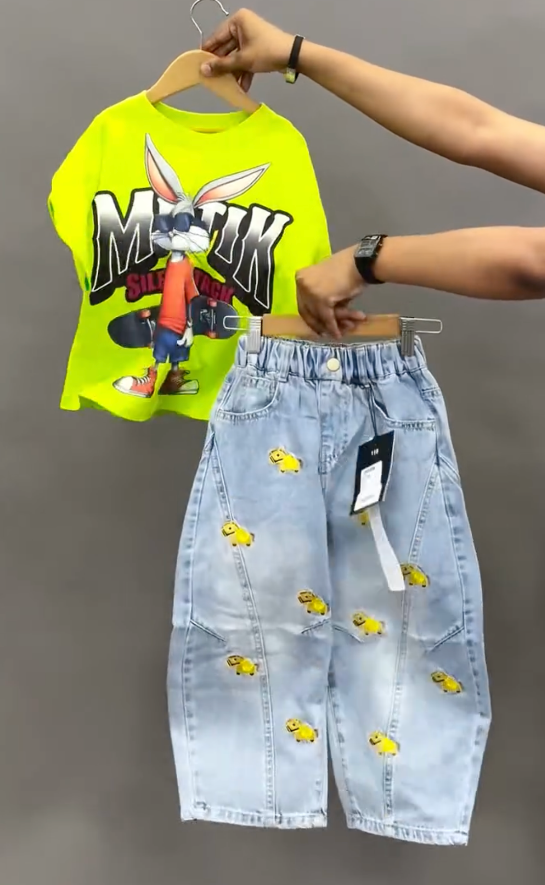 Stylish Kids Outfit Set – Light Blue Graphic T-Shirt & White Cargo Pants at Just ₹149!