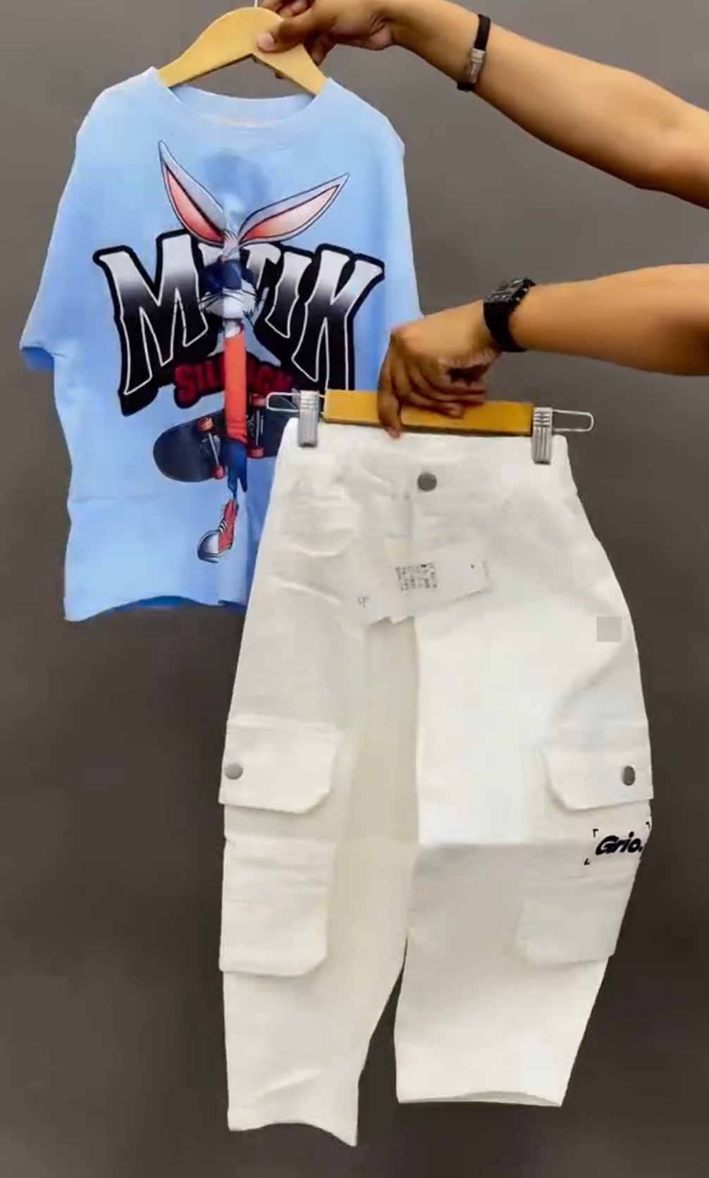 Stylish Kids Outfit Set – Light Blue Graphic T-Shirt & White Cargo Pants at Just ₹149!