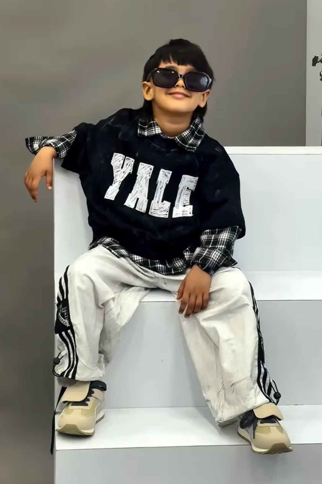 Urban Edge Layered Look – Distressed “YALE” Oversized Sweatshirt with Plaid Flannel | Just ₹149