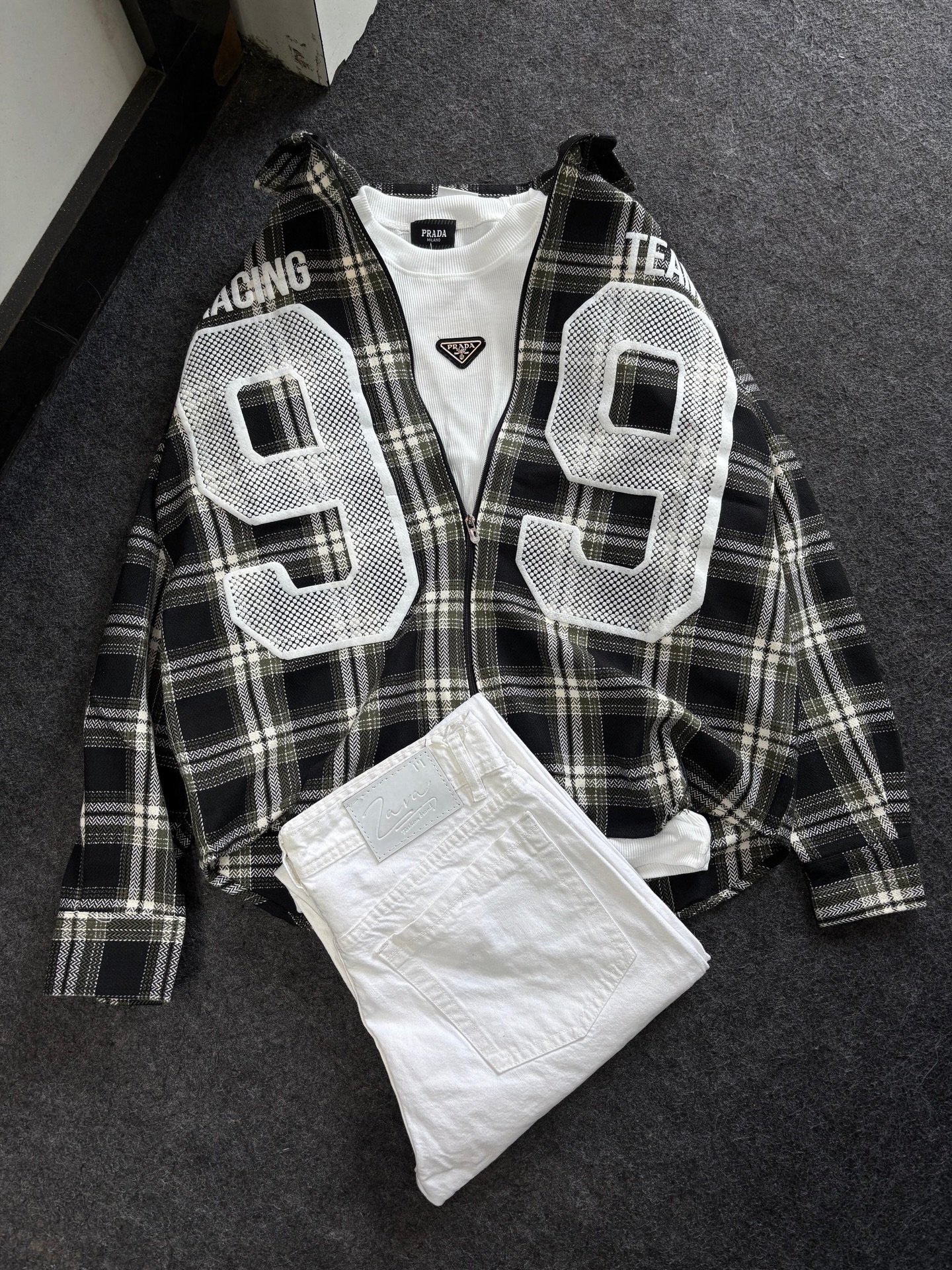 Fresh Street Style Combo – White Denim Jeans with Green & White Checkered Zip-Up Jacket | Just ₹149