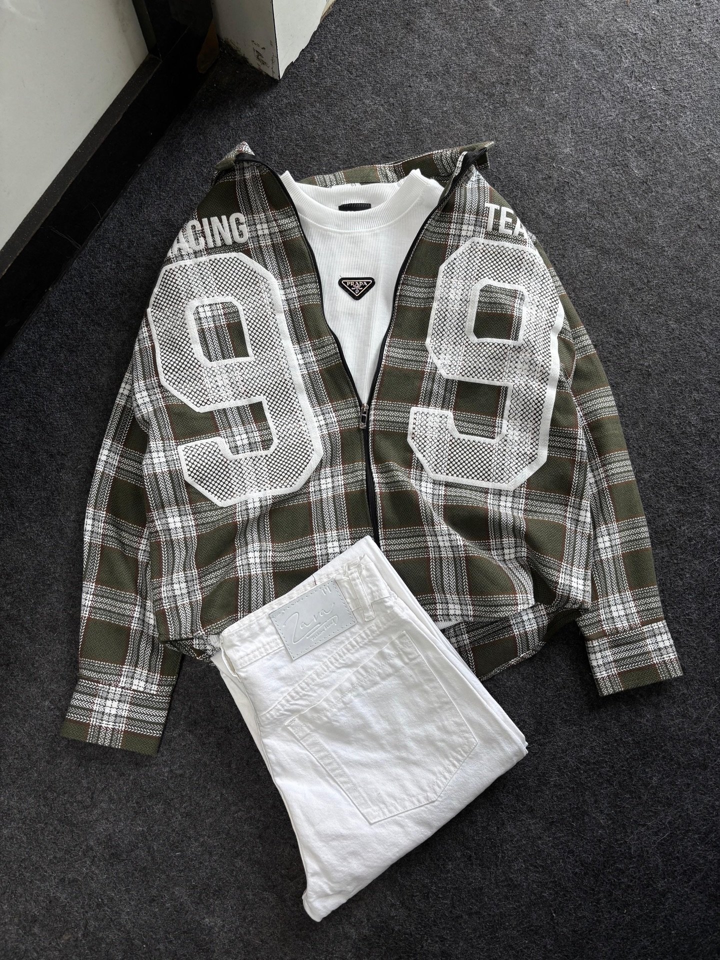 Fresh Street Style Combo – White Denim Jeans with Green & White Checkered Zip-Up Jacket | Just ₹149