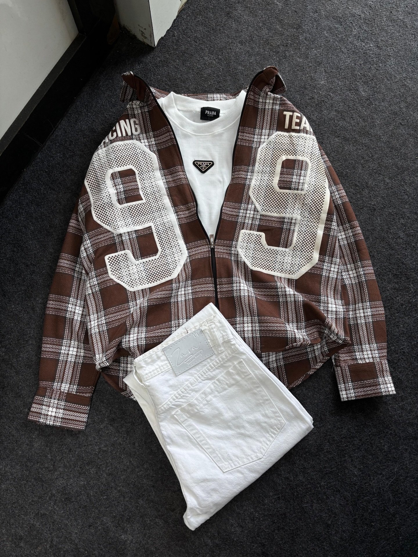 Fresh Street Style Combo – White Denim Jeans with Green & White Checkered Zip-Up Jacket | Just ₹149
