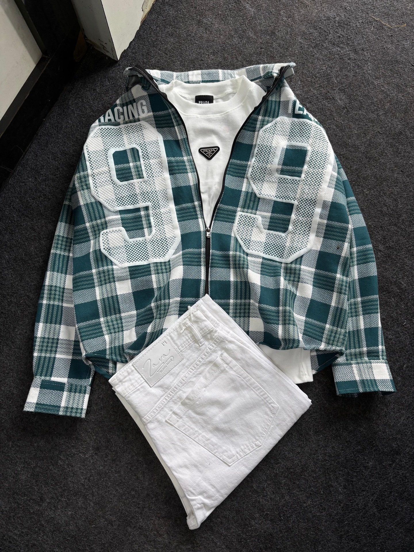 Fresh Street Style Combo – White Denim Jeans with Green & White Checkered Zip-Up Jacket | Just ₹149