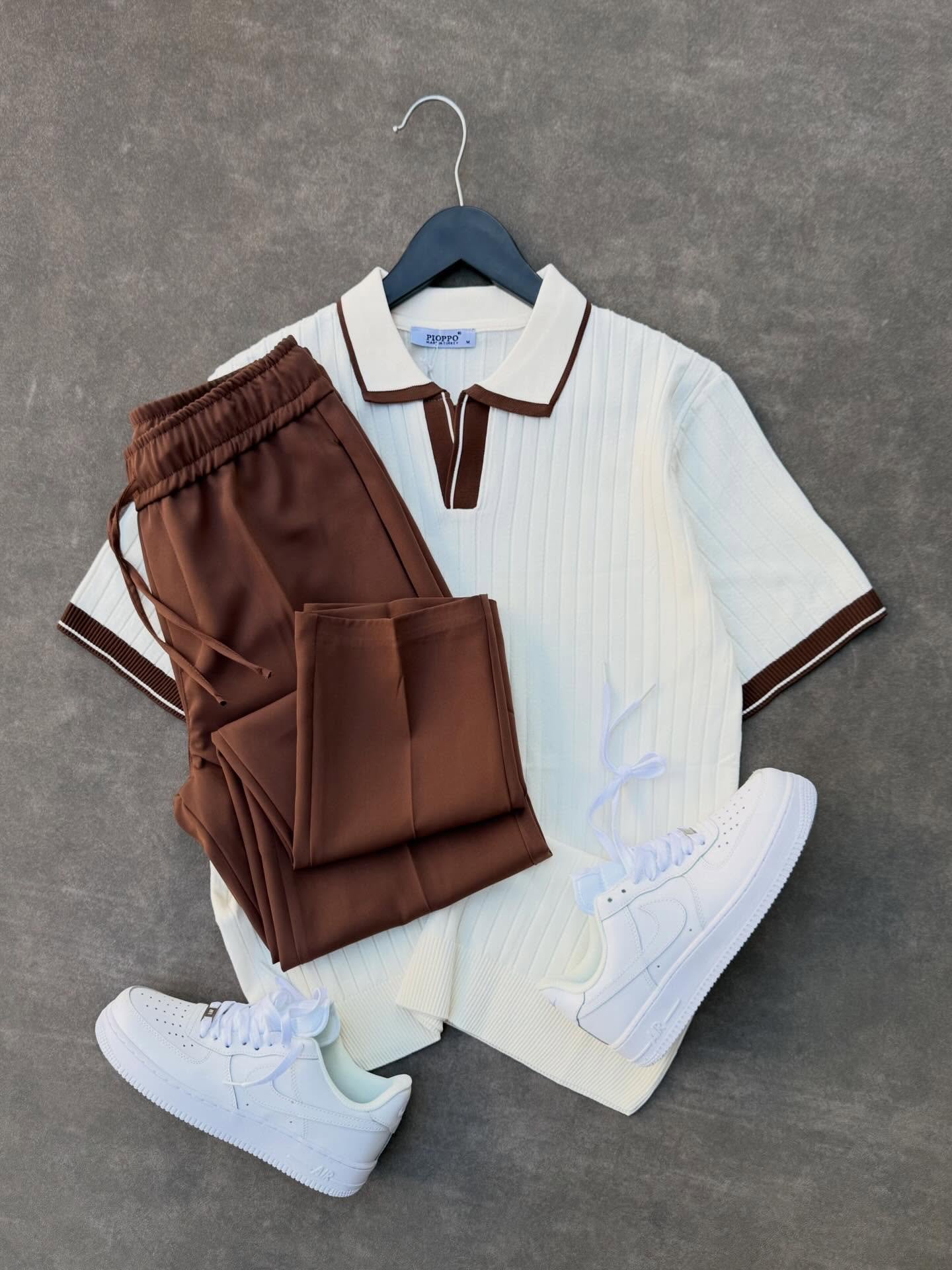 Clean & Classic Street Style – Blue Ribbed Polo, White Trousers & Nike Air Force 1 sneakers at Just ₹149