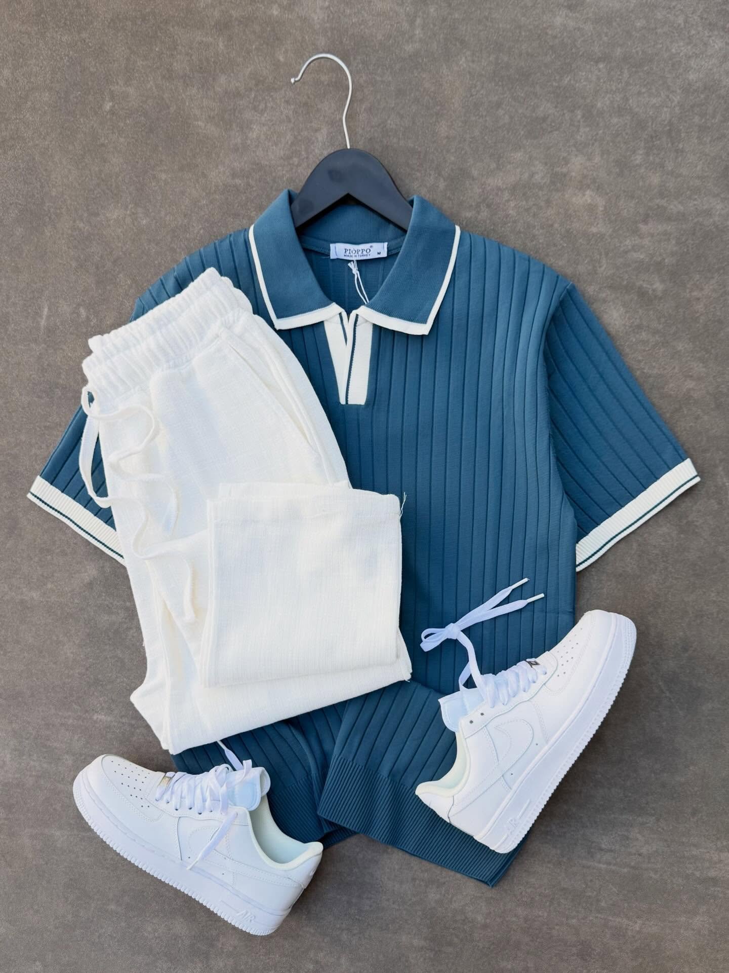 Clean & Classic Street Style – Blue Ribbed Polo, White Trousers & Nike Air Force 1 sneakers at Just ₹149