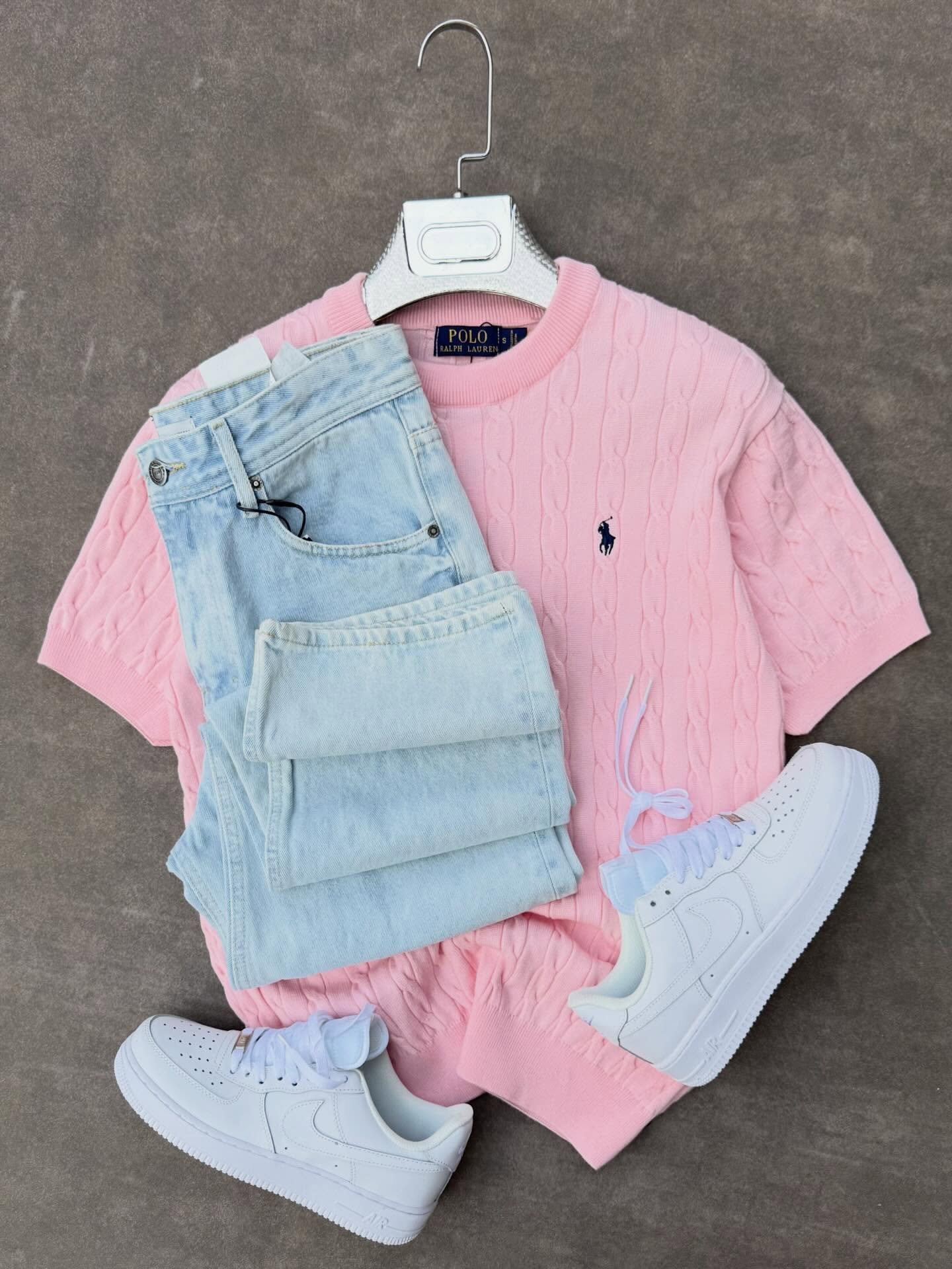 Polo Ralph Lauren Inspired Cable-Knit Cotton Short Sleeve Sweater Tee with denim and sneaker – Premium Look at Just ₹149