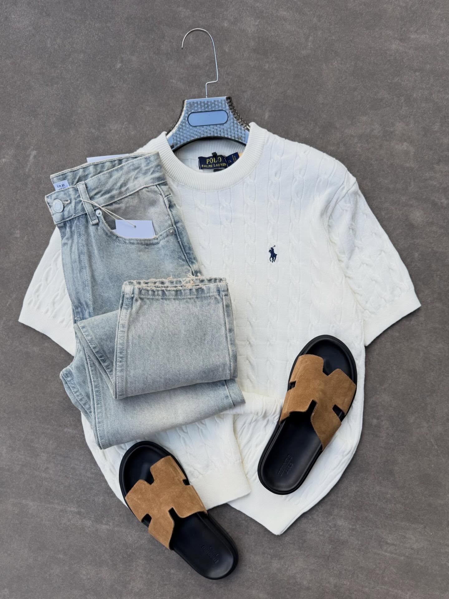 Polo Ralph Lauren Inspired Cable-Knit Cotton Short Sleeve Sweater Tee with denim and sneaker – Premium Look at Just ₹149
