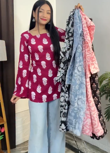 Elegant Maroon Printed Summer Kurti Top – Flared Bell Sleeves & Square Neck Design at Just ₹99 Only