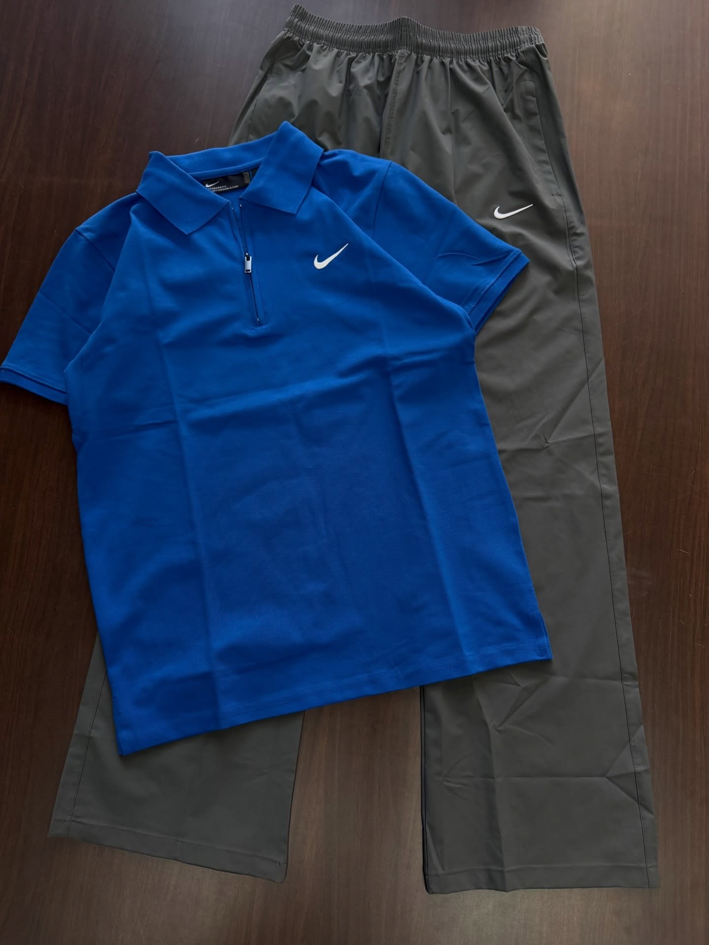 Sporty Performance Look: Blue Polo Shirt & Grey Athletic Sweatpants Set – Nike Dri-FIT Inspired Style at Just ₹149!