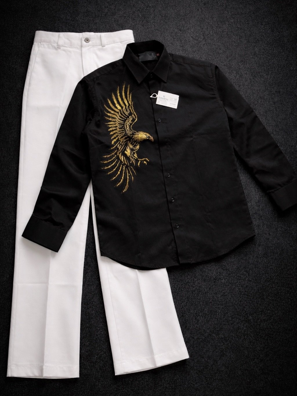 Bold Luxury Look: Men’s Black Long-Sleeve Shirt with Gold Phoenix/Eagle Embroidery – Just ₹99!