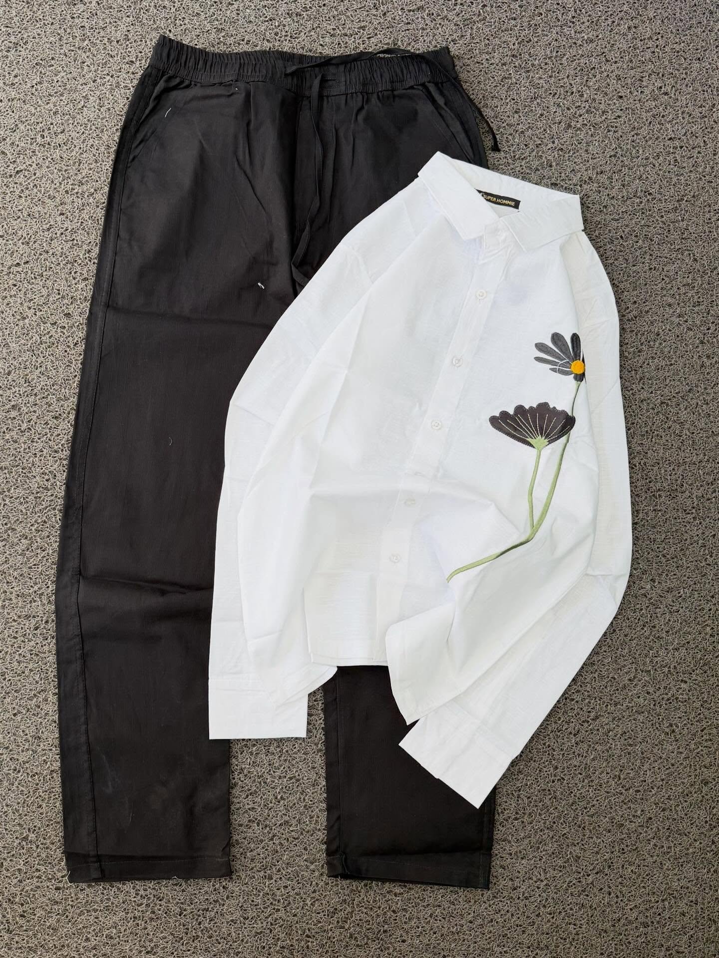 Stylish Dark Olive Green Floral Shirt with White Trousers Combo – Fresh Casual Look at Just ₹149!