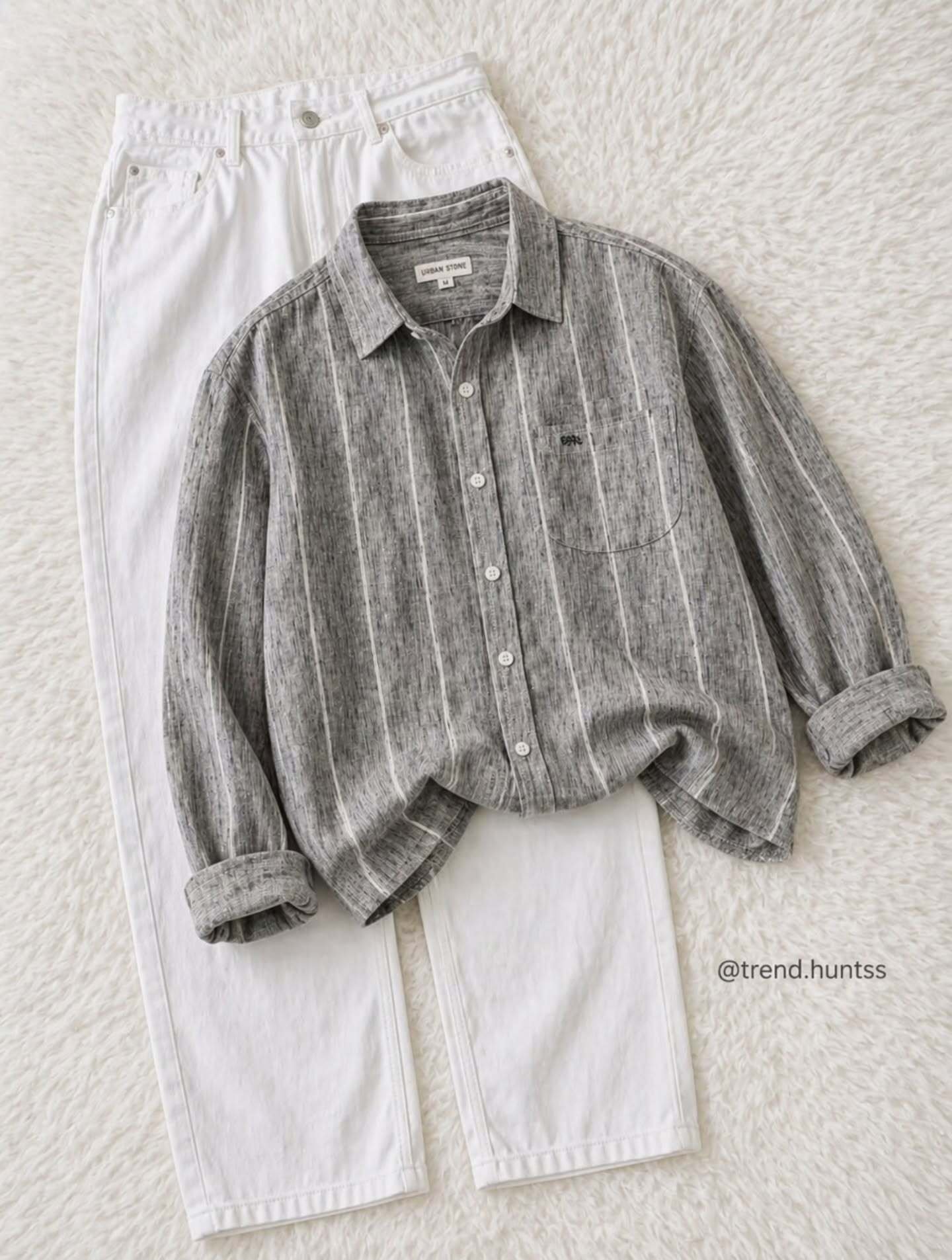 Effortless Smart Casual Style: White & Grey Striped Shirt with White Trousers Combo – Just ₹149!
