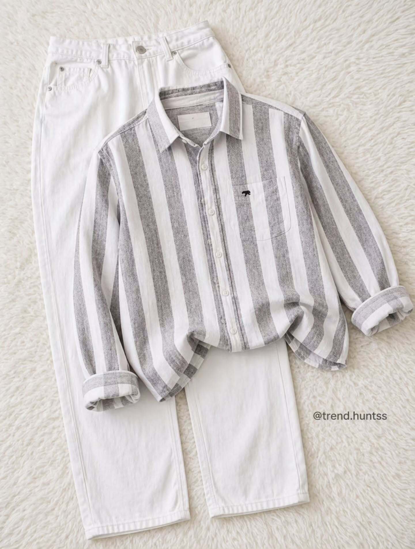 Effortless Smart Casual Style: White & Grey Striped Shirt with White Trousers Combo – Just ₹149!