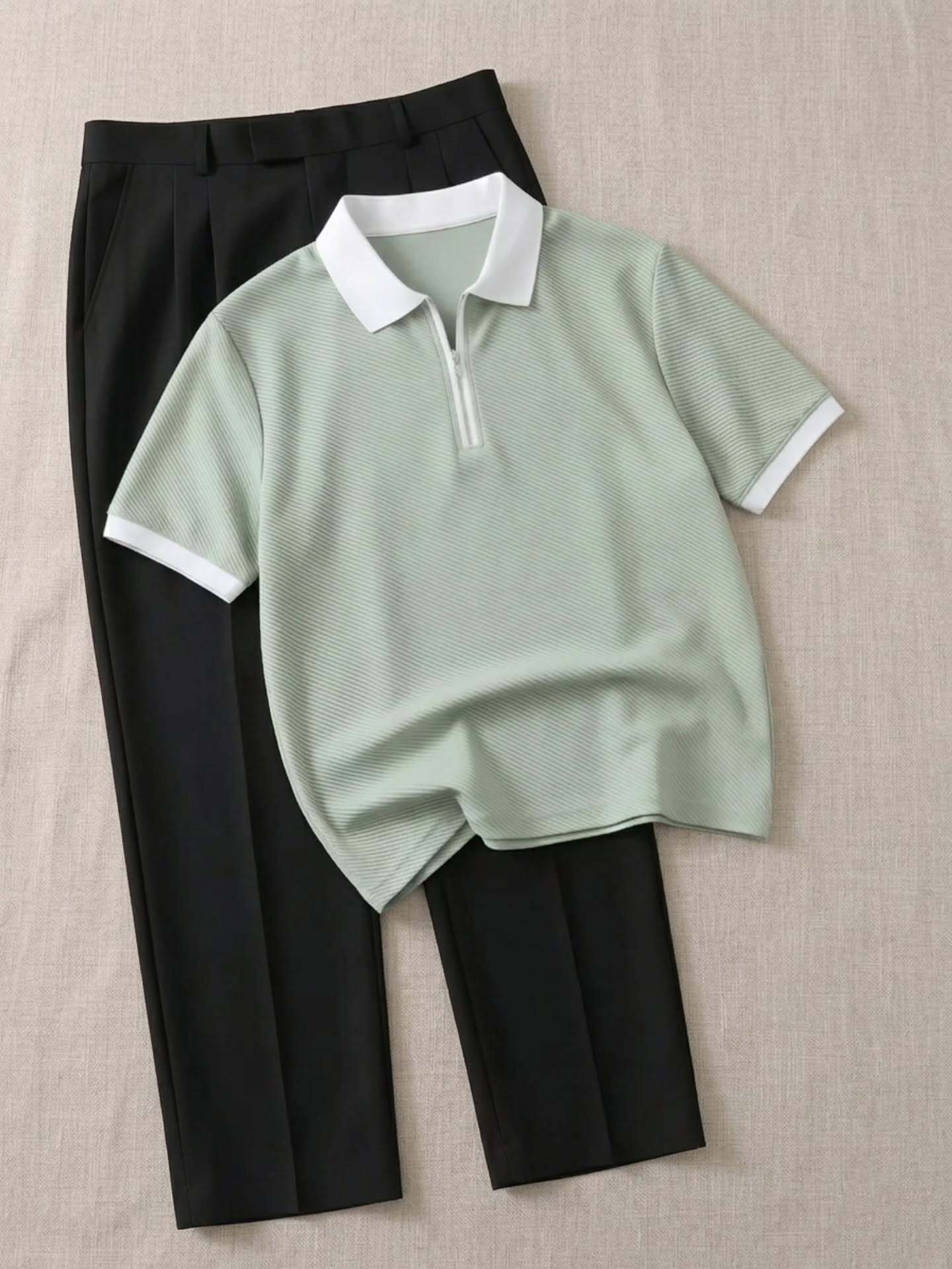 Fresh Smart Casual Look: Light Green Zip-Neck Polo Shirt with Black Trousers – Just ₹149!