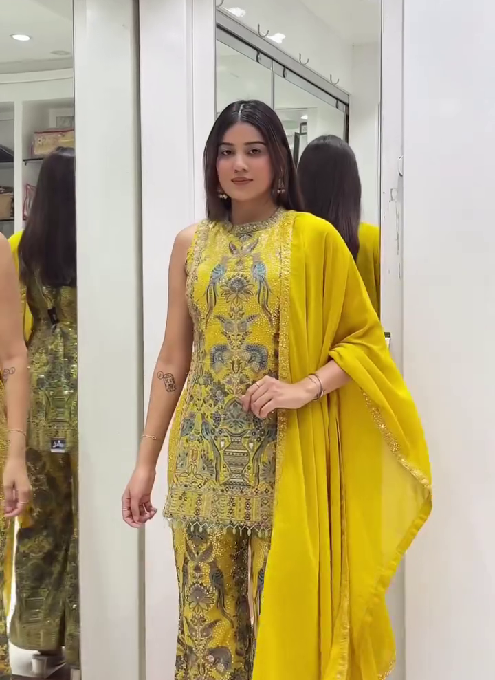 Radiate Festive Glam – Vibrant Yellow Embroidered Peacock Kameez at Just ₹140!