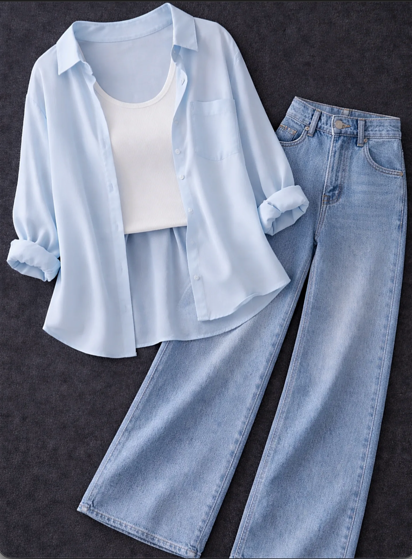 Cool & Casual Summer Vibes – Light Blue Shirt, White Tank & Wide-Leg Jeans Set at Just ₹149