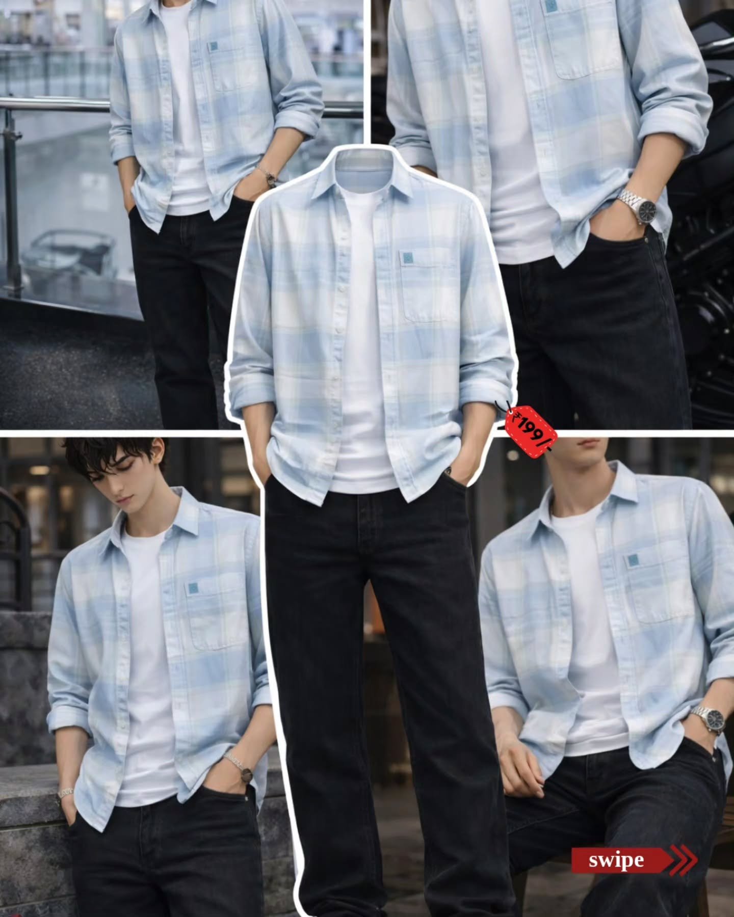 Bold & Modern Edge – Red-Black Gradient Shirt with White Denim Combo at Just ₹149