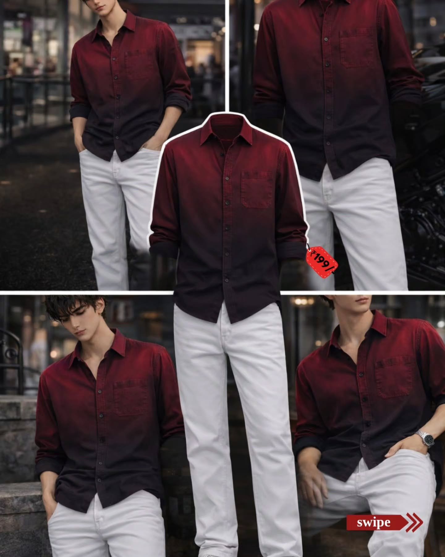 Bold & Modern Edge – Red-Black Gradient Shirt with White Denim Combo at Just ₹149