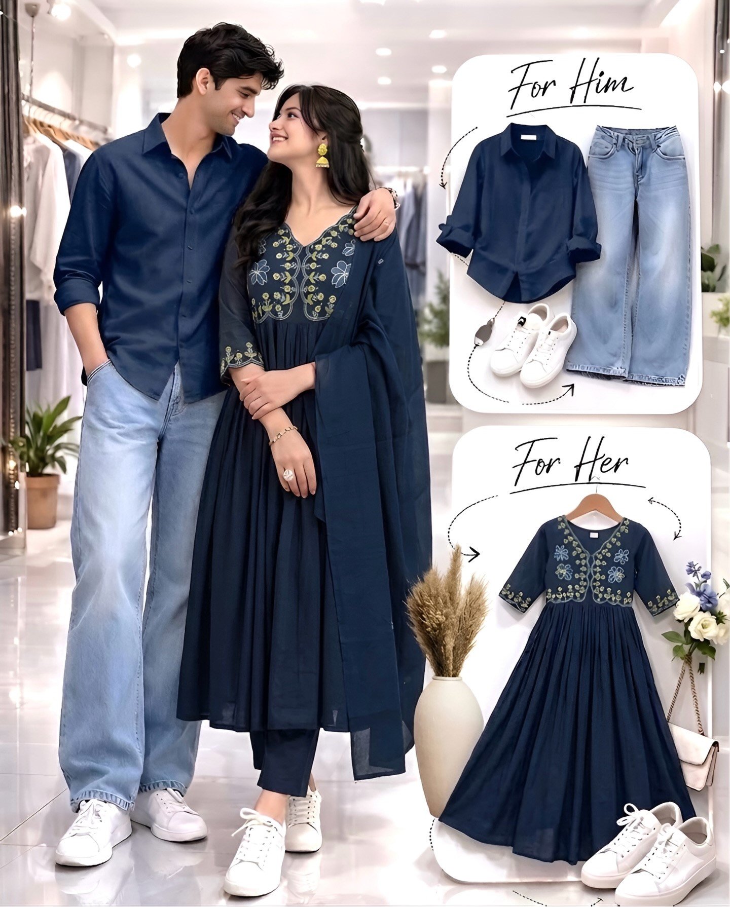 Stylish Rust-Orange Coordinated Couple Outfit Set – Men’s Shirt with Denim & Women’s Embroidered Anarkali Kurta Set at Just ₹149 Only