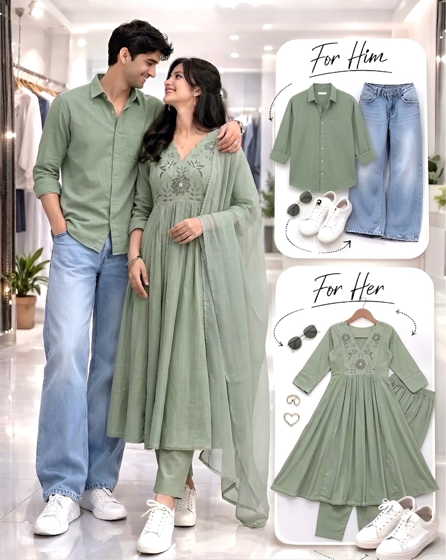 Stylish Rust-Orange Coordinated Couple Outfit Set – Men’s Shirt with Denim & Women’s Embroidered Anarkali Kurta Set at Just ₹149 Only