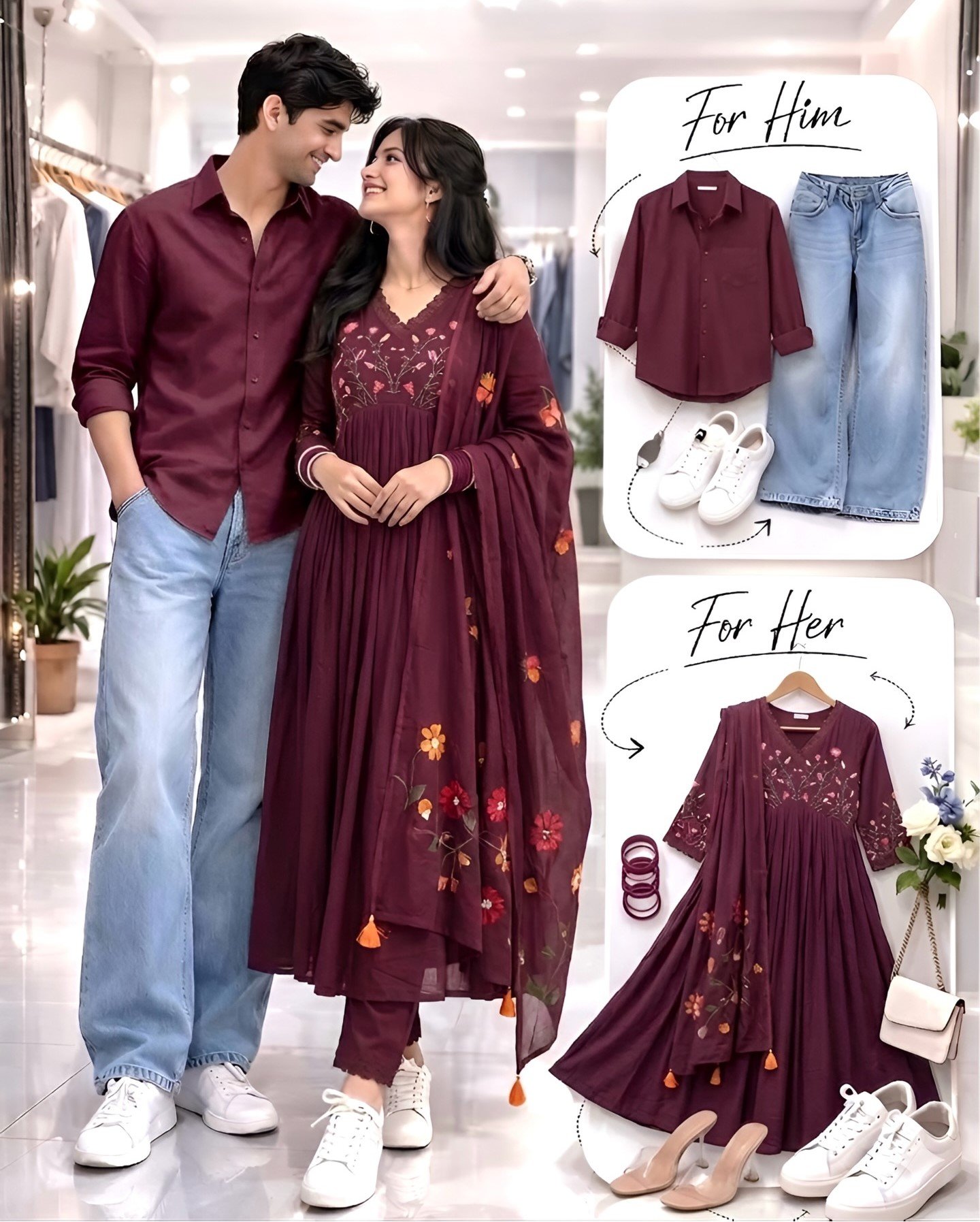 Stylish Rust-Orange Coordinated Couple Outfit Set – Men’s Shirt with Denim & Women’s Embroidered Anarkali Kurta Set at Just ₹149 Only