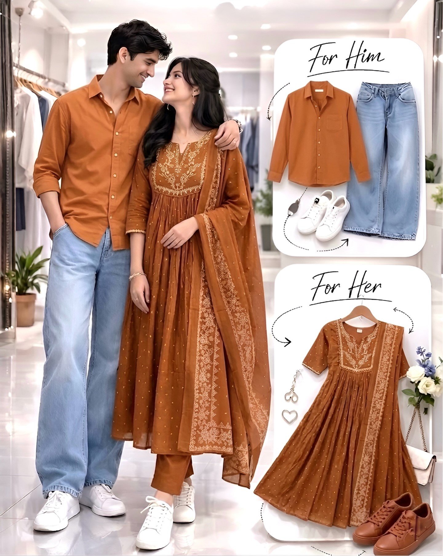 Stylish Rust-Orange Coordinated Couple Outfit Set – Men’s Shirt with Denim & Women’s Embroidered Anarkali Kurta Set at Just ₹149 Only