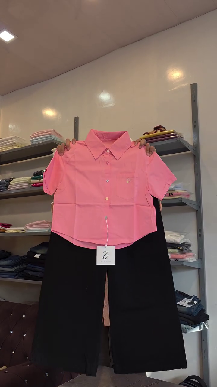 Women's Solid Crop Shirt & Wide Leg Jeans Combo