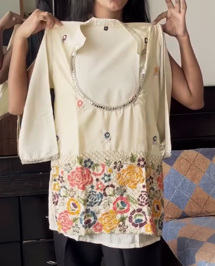 Elegant Cream Floral Embroidered Kurta Palazzo Set for Women