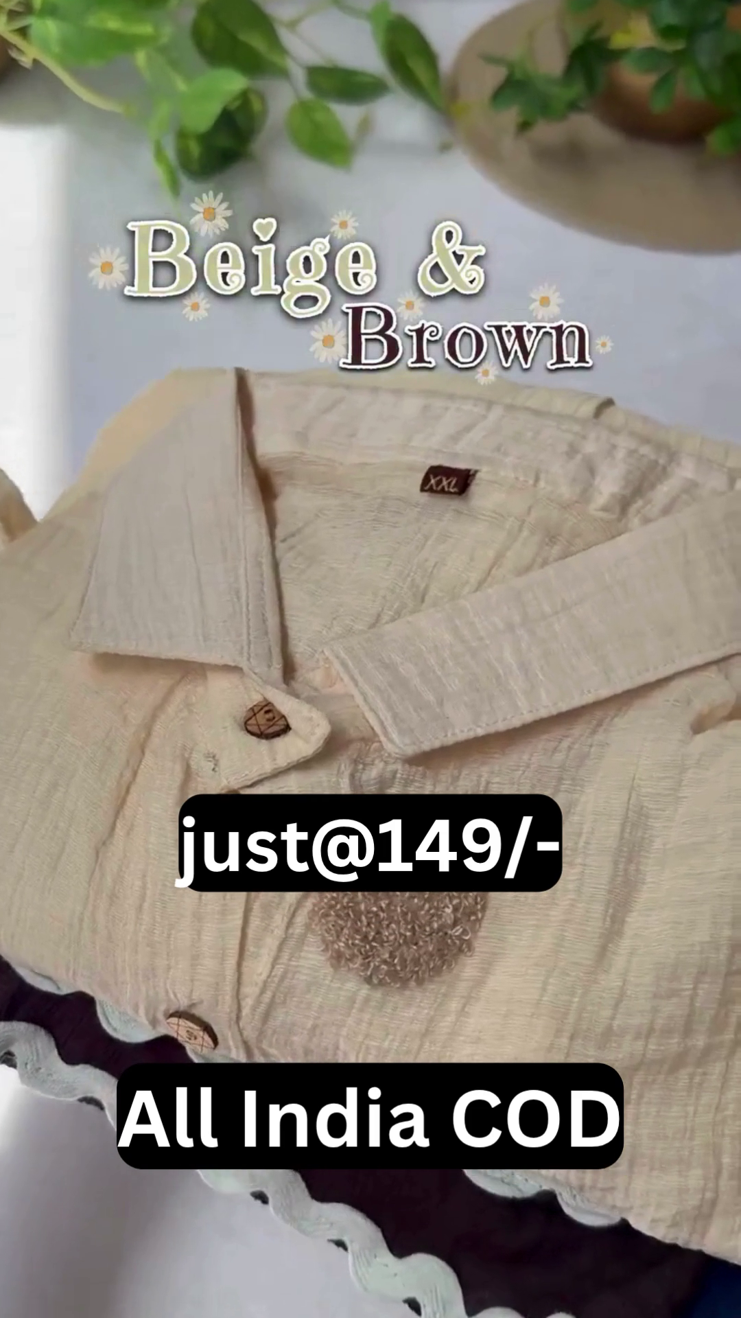 Women's Beige Pom Pom Shirt & Brown Wide Leg Pants Set | Casual Collared Top & Palazzo Co-Ord Style Outfit