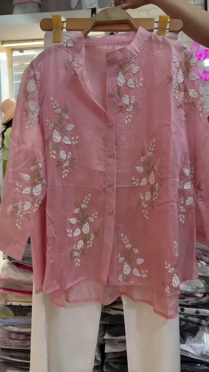 Women's Floral Embroidered Shirt & White Pants Set | Elegant Full Sleeve Tunic Top with Straight Pants for Casual & Festive Wear