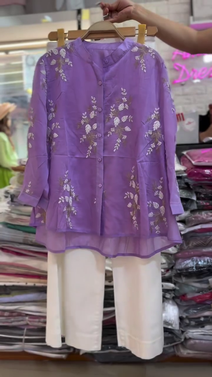 Women's Floral Embroidered Shirt & White Pants Set | Elegant Full Sleeve Tunic Top with Straight Pants for Casual & Festive Wear
