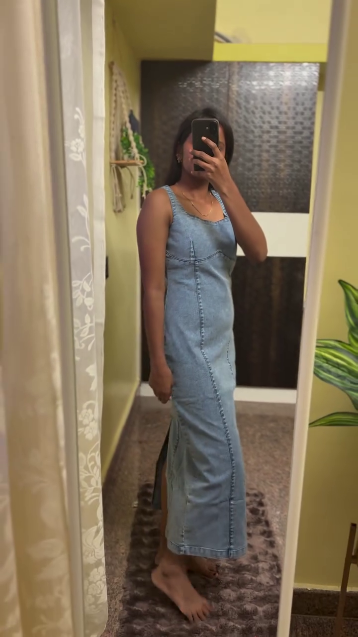Women's Light Blue Denim Maxi Dress | Elegant Sleeveless Square Neck Bodycon Long Dress for Casual & Party Wear