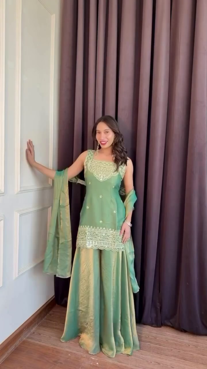 Women's Designer Embroidered Sharara Suit Set | Elegant Kurti, Flared Sharara & Dupatta Ethnic Outfit for Wedding & Festive Wear