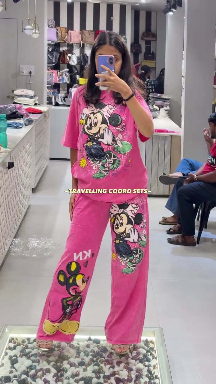 Women's Oversized Cartoon Graphic Co-Ord Set | Printed T-Shirt & Wide Leg Pants Travel Lounge Wear for Casual Street Style