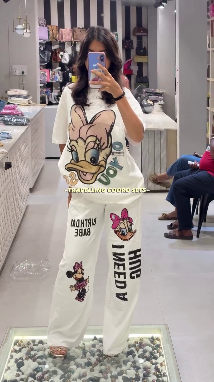 Women's Oversized Cartoon Graphic Co-Ord Set | Printed T-Shirt & Wide Leg Pants Travel Lounge Wear for Casual Street Style