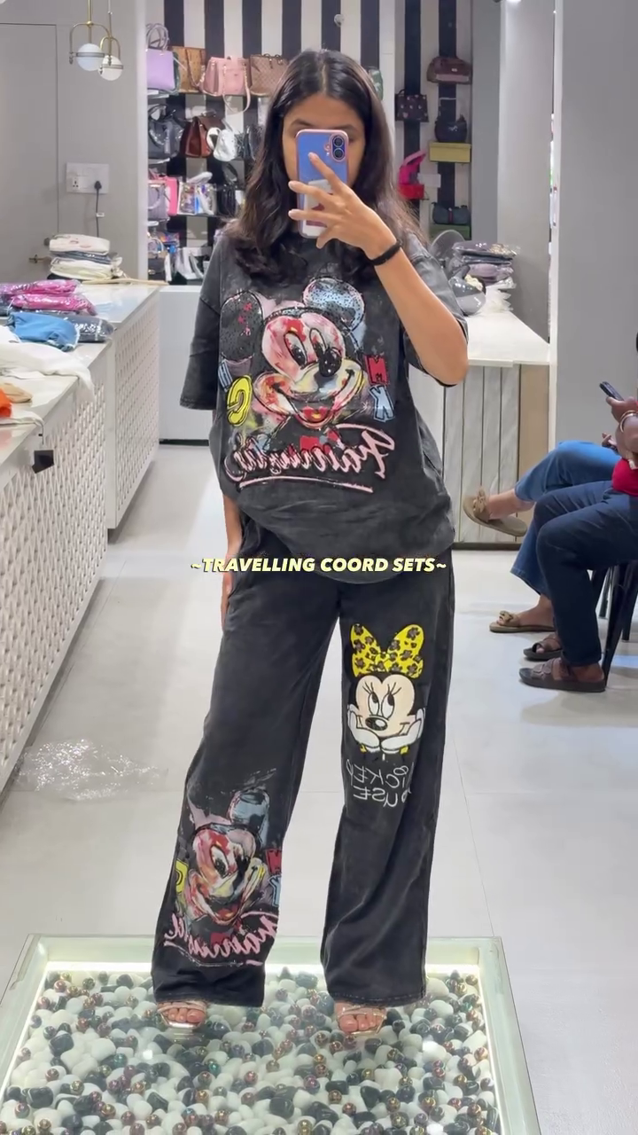 Women's Oversized Cartoon Graphic Co-Ord Set | Printed T-Shirt & Wide Leg Pants Travel Lounge Wear for Casual Street Style