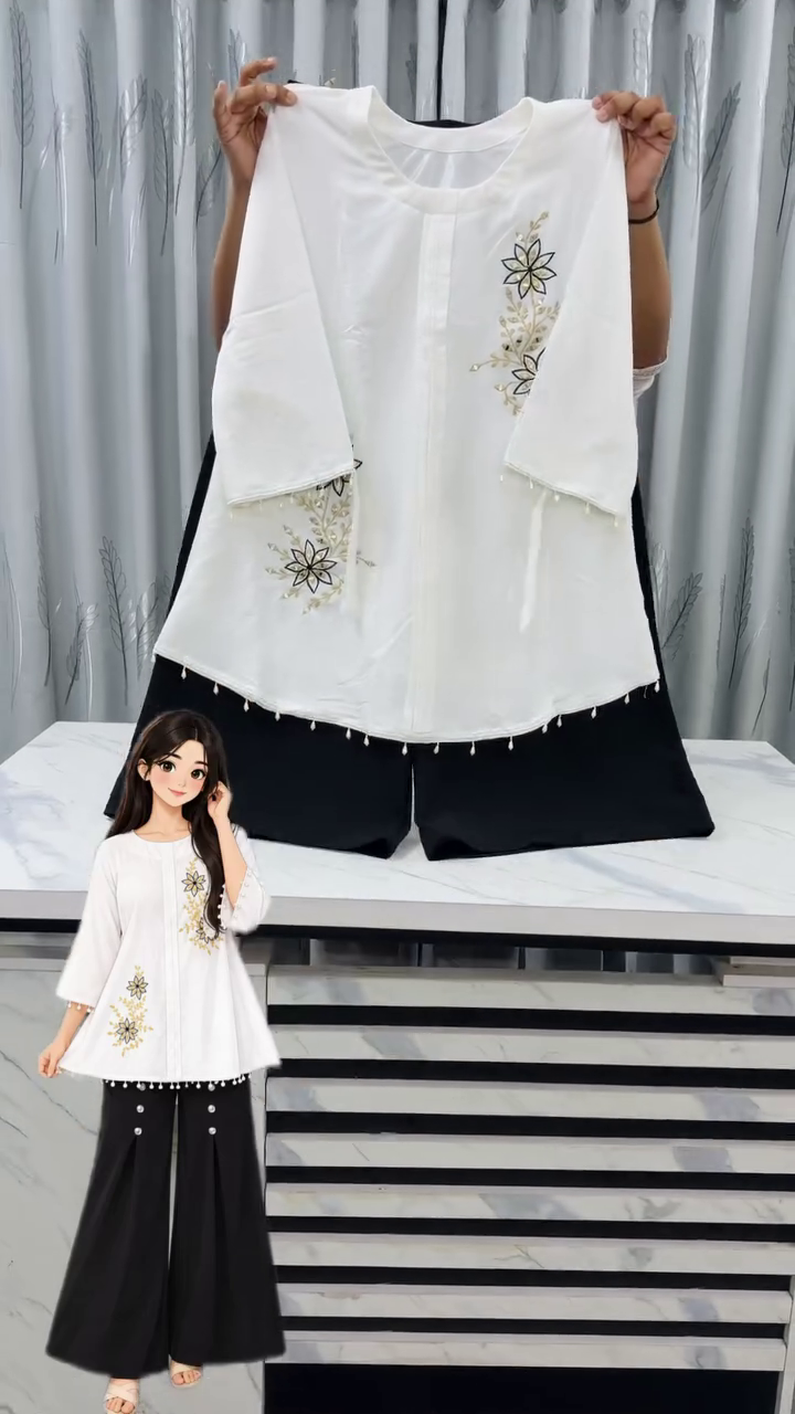 Elegant White Embroidered Kurti with Black Palazzo Pants | Stylish Ethnic Wear Set for Women
