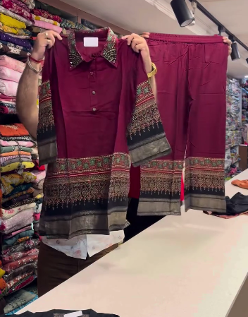 Stylish Ladies Printed Kurti Pant Set – Elegant Ethnic Wear with Designer Border