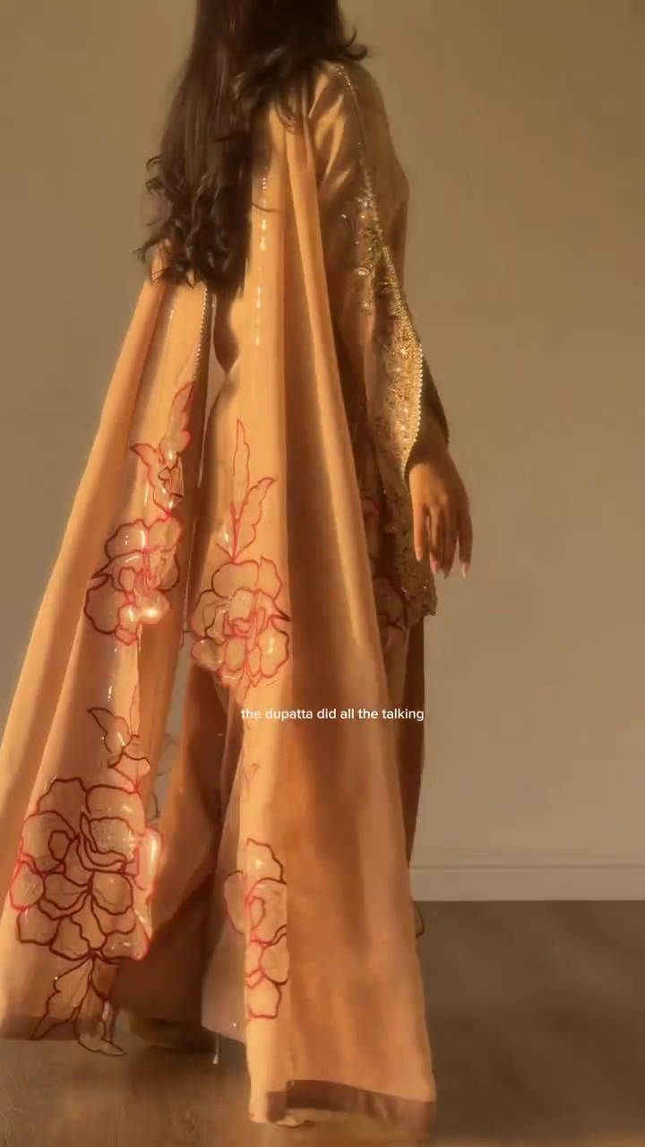 Elegant Beige Embroidered Sharara Suit Set with Heavy Lace Detailing, Statement Neckline, Embellished Sleeves & Designer Floral Dupatta