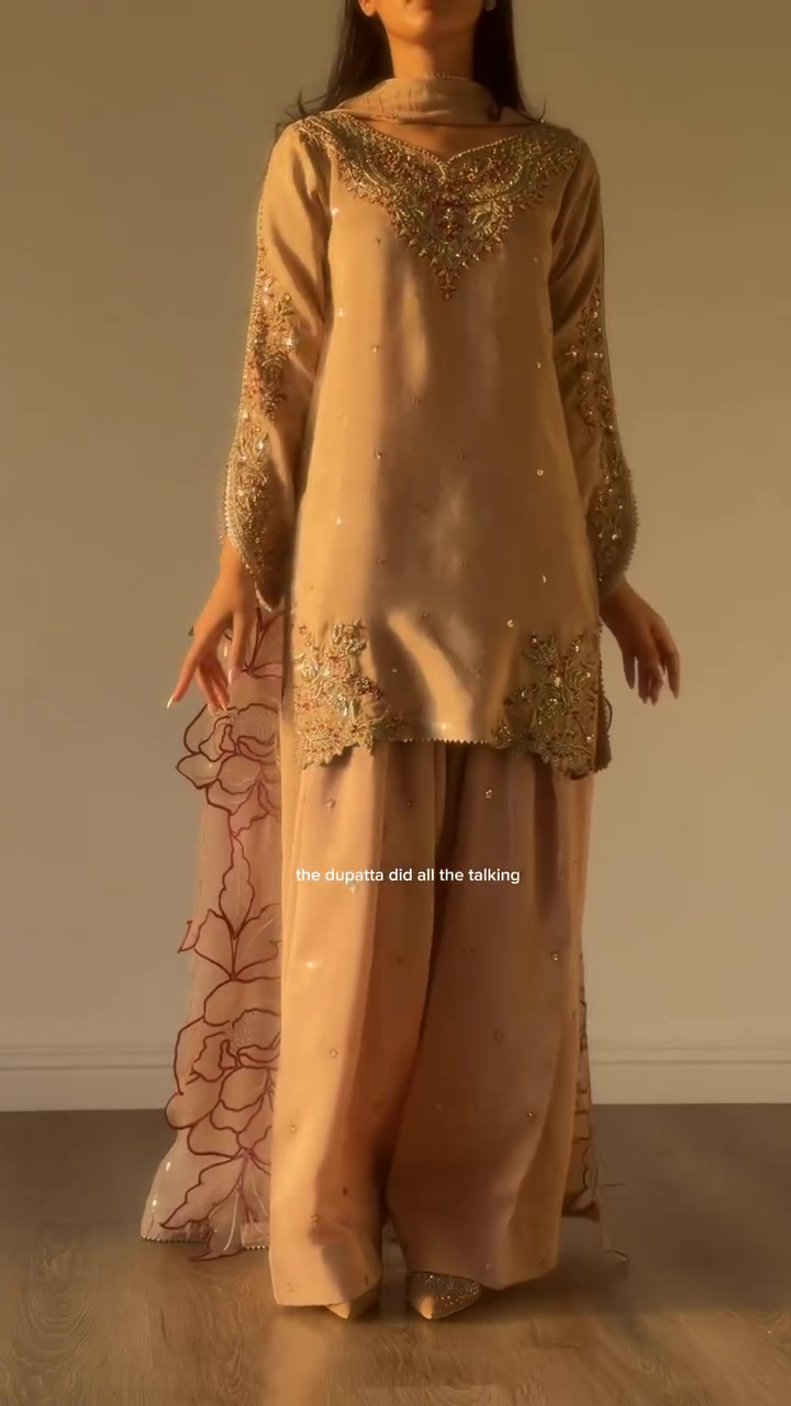 Elegant Beige Embroidered Sharara Suit Set with Heavy Lace Detailing, Statement Neckline, Embellished Sleeves & Designer Floral Dupatta